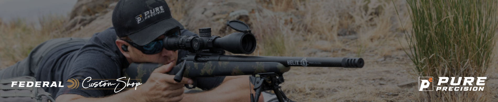 hunter looking down the scope of a rifle resting on a bipod with the Pure Precision model and Federal Logos